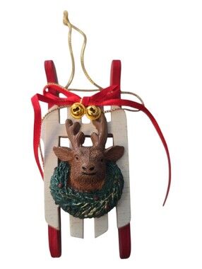Wooden Sled Ornament with Resin Wreath with Reindeer Head Christmas Ornament
